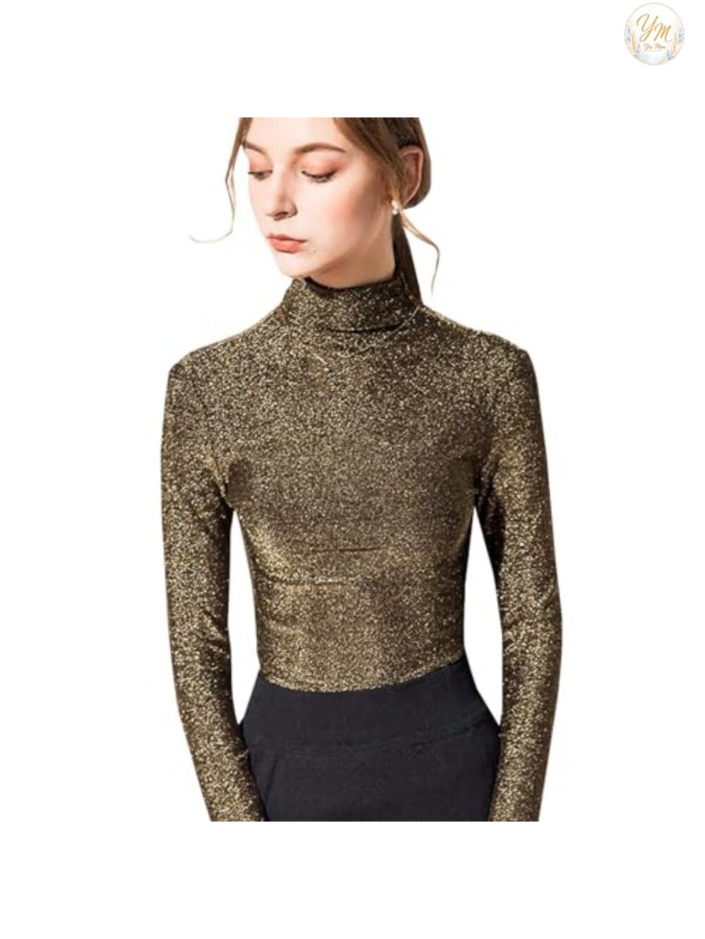 Slim Fit Long Sleeve Turtleneck Glitter Tee Sparkly Party Top